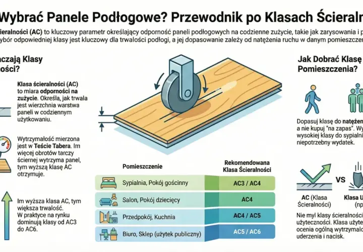 Klasa ścieralności (AC) paneli podłogowych określa ich odporność na zużycie. Wyższa klasa AC oznacza większą trwałość.