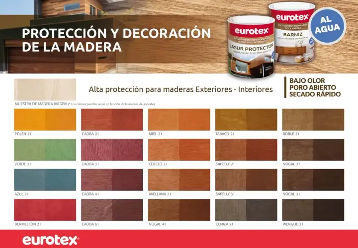 Muestras de colores de barniz para madera, con latas de producto Eurotex. Protección y decoración para exteriores e interiores.
