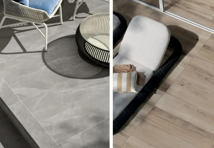 Un'area esterna con pavimentazione in klinker grigio e un lettino prendisole su un pavimento effetto legno.