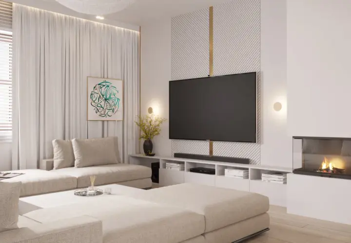 Nowoczesna aranżacja ściany w salonie z telewizorem, kominkiem i wygodną kanapą.