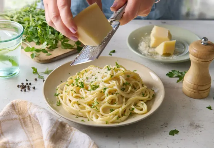 Ser Grana Padano dodaje wyśmienitego smaku kremowemu makaronowi. Idealny do posypania dania.