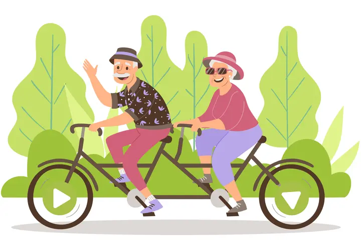 Szczęśliwi seniorzy na rowerze tandemowym, cieszący się aktywnością po odprawie emerytalnej.