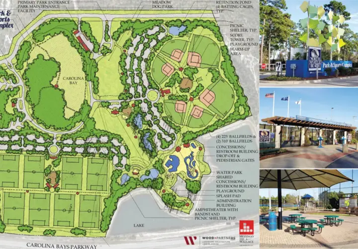 Plan kompleksu sportowego z boiskami, placem zabaw i parkiem wodnym.