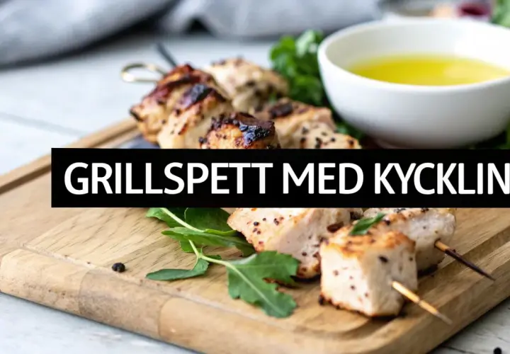 Grillspett med kyckling, saftiga och perfekt grillade, serveras på en träbricka med en skål med olja och gröna blad. En smak av Grekland!