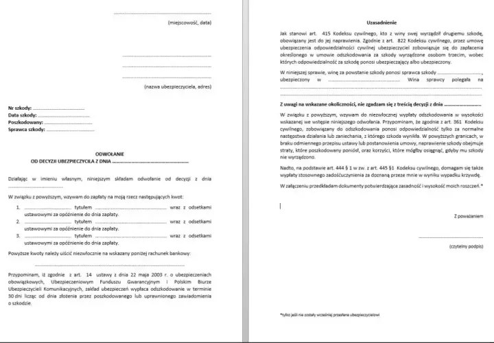 Formularz odwołanie od decyzji ubezpieczyciela w sprawie szkody, z żądaniem zapłaty odszkodowania i odsetek.