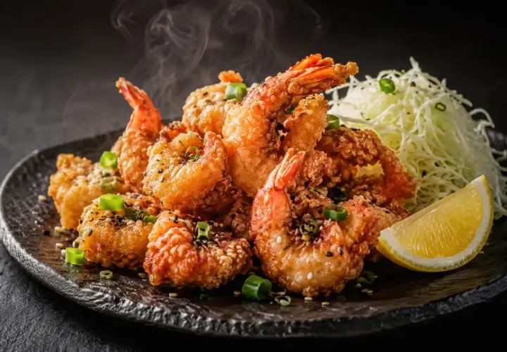 Steaming shrimp karaage, golden and crispy, piled high on a dark plate with shredded cabbage and a lemon wedge.