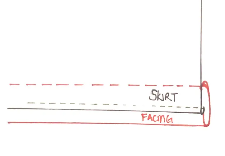 Diagram shows the hem of a skirt with facing. Dashed lines indicate stitching.