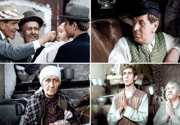 Czteroczęściowy kolaż scen z filmu "Kochaj albo rzuć". Mężczyźni w kapeluszach, dziecko, starsza kobieta i dwaj mężczyźni z dłońmi złożonymi do modlitwy.