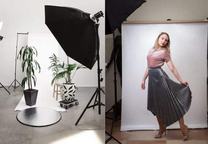 Przygotowania do sesji w domowym studio. Po lewej: rośliny i sprzęt oświetleniowy. Po prawej: modelka w eleganckiej stylizacji.
