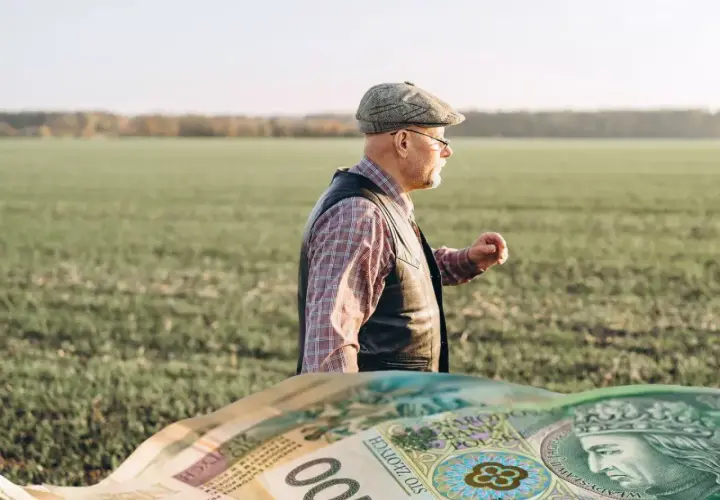 Rolnik w polu zastanawia się, ile wynosi emerytura rolnicza. Na pierwszym planie polskie banknoty.