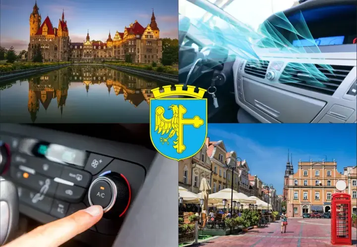 Kolaż: zamek, wnętrze samochodu z klimatyzacją, herb Łodzi, ulica miasta.