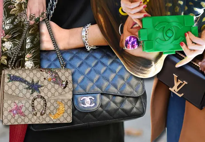 Kolekcja torebek: torebka gucci vintage z gwiazdkami, czarna pikowana Chanel, zielona Chanel i czarna Louis Vuitton.