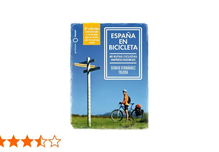 Guía "España en Bicicleta" con ciclista y señal de rutas. Ideal para planificar tu próximo viaje en bicicleta por España.