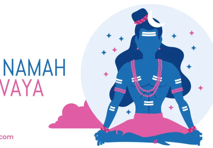 Ilustracja przedstawia Shivę w medytacji, z napisem "OM NAMAH SHIVAYA ZNACZENIE".