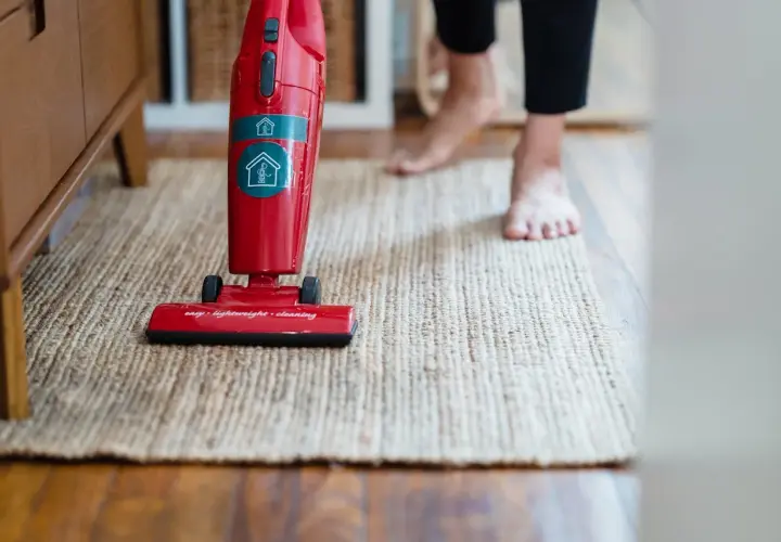 Czerwony odkurzacz Electrolux na dywanie. Gdzie jest bezpiecznik? Może w uchwycie, gdzie są przyciski?
