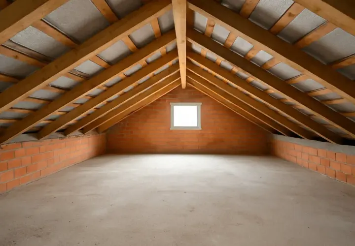 Locale tra solaio superiore e tetto di una casa, con pareti in mattoni, tetto spiovente in legno e un piccolo lucernario.