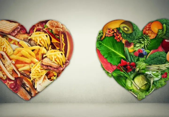 Dwa serca: jedno z fast foodów, drugie z warzyw i owoców. Wybór wpływa na cholesterol nie hdl norma.