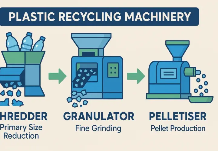 Schemat recyklingu plastiku: shredder rozdrabnia butelki, granulator mieli je na drobne kawałki, a pelletiser tworzy granulki. To jak maszyna do kruszenia skał, tylko dla plastiku.