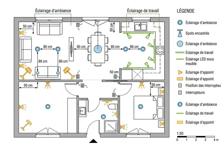 Plan d'une maison avec différents types d'éclairage : d'ambiance, de travail, d'appoint. Chaque pièce est étudiée pour un confort lumineux optimal, avec des indications de distance et de lumen par pièce.