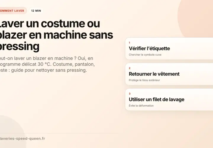 Guide pour le lavage d'une veste en machine sans pressing. Vérifier l'étiquette, retourner le vêtement et utiliser un filet de lavage.