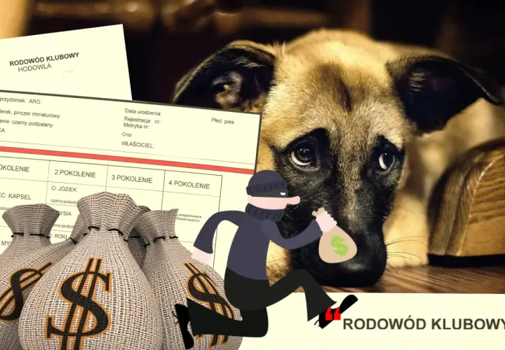 Szczeniak obok dokumentu rodowodu, worków z pieniędzmi i złodzieja.