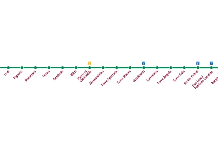 Schema della metro C di Roma, con le fermate da Colosseo a Monte Compatri-Pantano.