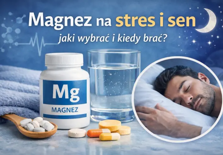 Magnez na stres i sen. Butelka z magnezem, szklanka wody i śpiący mężczyzna.