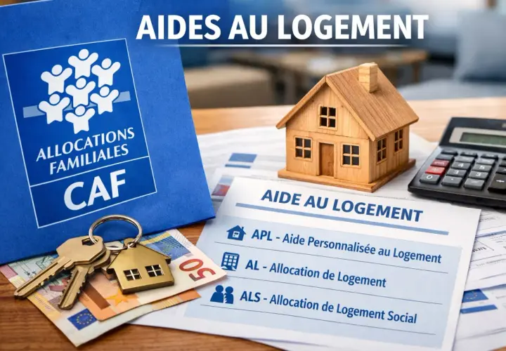 Dossier bleu CAF, maison en bois, clés, argent et calculatrice. Aide au logement : APL, AL, ALS.