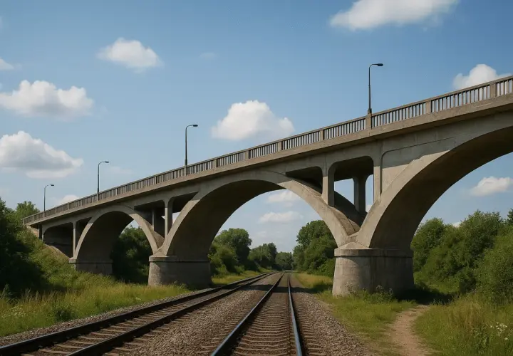 Betonowa estakada nad torami kolejowymi, z łukami i latarniami. To właśnie estakada co to za konstrukcja.