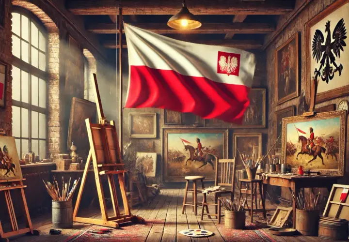 Pracownia artysty w stylu polskiego dwudziestolecia międzywojennego. Flaga Polski, obrazy z motywami historycznymi, sztalugi i pędzle.
