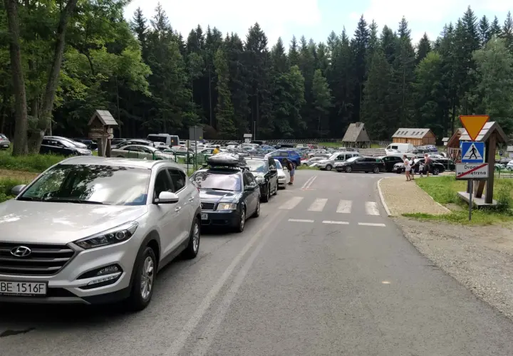 Tłum samochodów na parkingu przy Błędnych Skałach w Kudowie Zdroju, otoczony lasem.