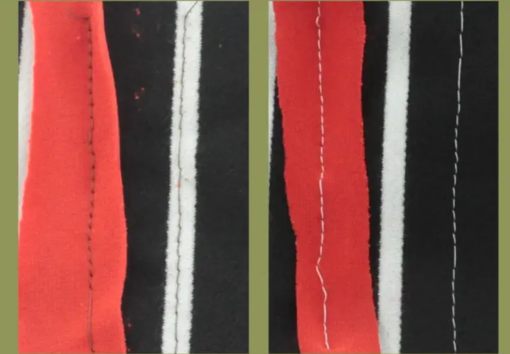 Left shows a stretch needle sewing, right shows a ballpoint needle. The stretch needle creates a neater stitch on stretchy fabric.