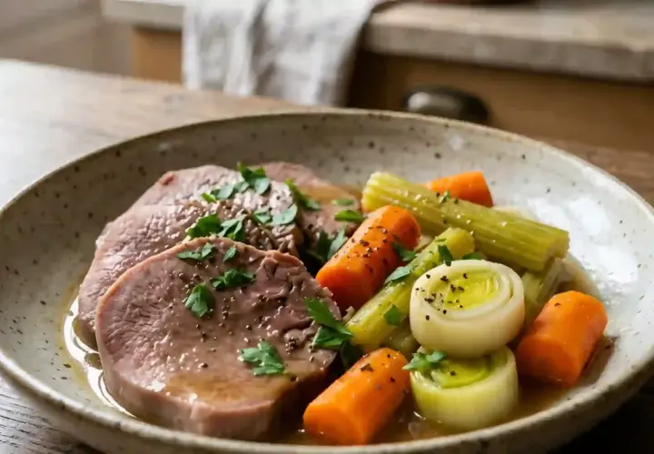 Tranches de langue de bœuf tendres, servies avec des carottes, du poireau et du céleri, garnies de persil frais.
