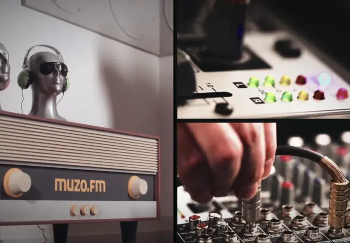 Dwie głowy w słuchawkach na tle retro radia z napisem muzo.fm. Obok mikser z migającymi diodami i podłączanym kablem.