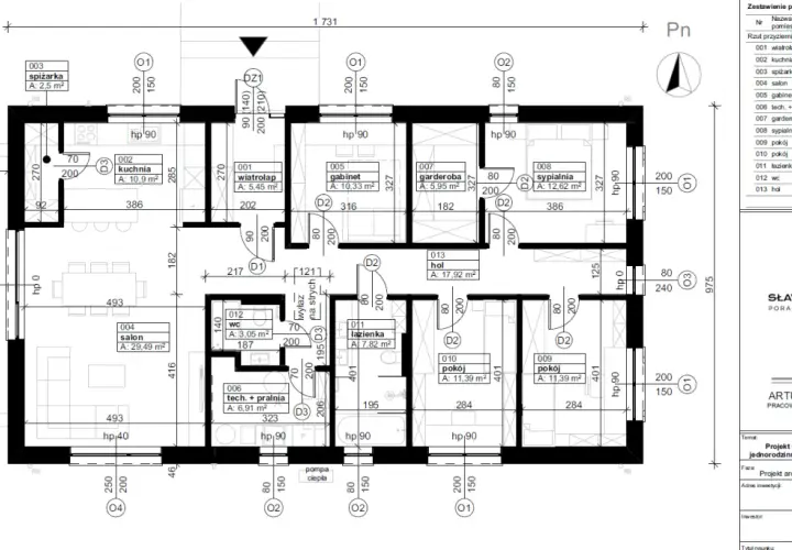Projekt budowlany zawiera rzut parteru z podziałem na pomieszczenia: salon, kuchnia, spiżarka, gabinet, garderoba, sypialnia, pokoje, łazienka, WC, hol, techniczny z pralnią i wiatrołap.