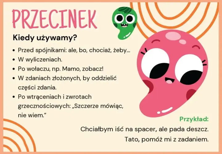 Ilustracja wyjaśnia, kiedy używamy przecinek, z zabawnymi postaciami.