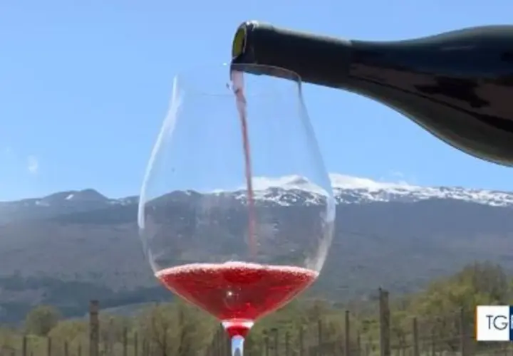 Versando vino rosso in un calice, con l'Etna innevato sullo sfondo. Un sorso di etna wine, un'esperienza unica.
