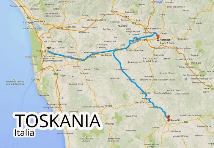 Trasa podróży przez Toskanię, z zaznaczonymi lotniskami w Pizie i Florencji, prowadzi przez malownicze miasteczka i krajobrazy.
