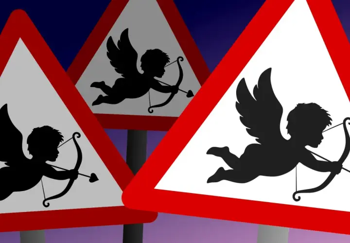 Segnali di pericolo con Cupido in silhouette, freccia pronta a scoccare. Un avvertimento rosso per l'amore.