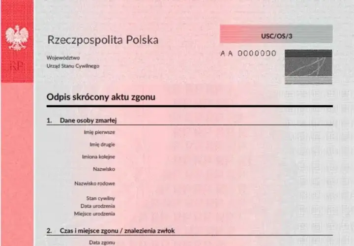 Skrócony odpis aktu zgonu z danymi osoby zmarłej i informacjami o czasie i miejscu zgonu. Dokument urzędowy.