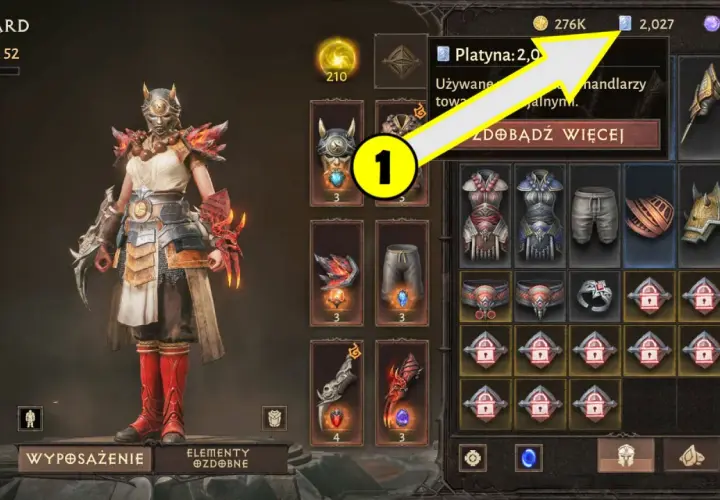 Gracz ma 2027 sztuk platyny w Diablo 4, widoczny jest też ekwipunek postaci.