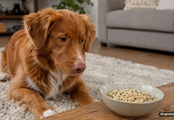 A fluffy brown dog looks curiously at a bowl of quinoa, wondering if dogs can eat quinoa.