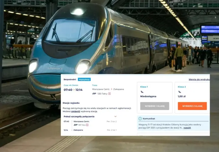 Ile kosztuje bilet do Zakopanego? Klasa 2 to 1,00 zł, ale Klasa 1 jest niedostępna. Pociąg EIP 1351 Tatry jedzie z Warszawy.