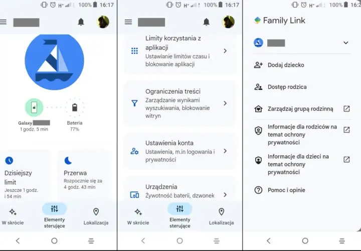 Aplikacja Family Link pozwala na blokadę rodzicielską na telefonie, zarządzanie limitami czasu i treści, a także lokalizację dziecka.