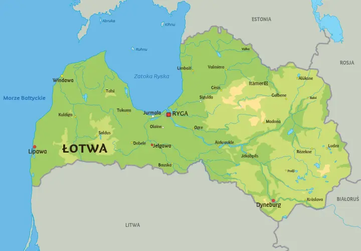 Mapa Łotwy z zaznaczonymi miastami, rzekami i wybrzeżem Morza Bałtyckiego. Na południu widoczna Litwa, z którą Łotwa graniczy.