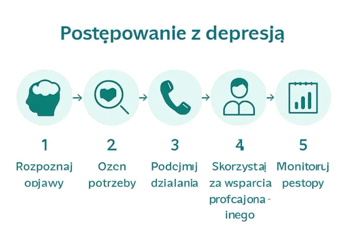 Schemat postępowania z depresją: rozpoznaj objawy, oceń potrzeby, podejmij działania, skorzystaj ze wsparcia, monitoruj postępy. Anhedonia to brak odczuwania przyjemności.