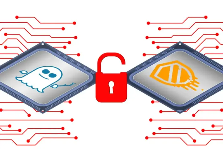 Deux puces informatiques, l'une avec un fantôme bleu, l'autre avec un bouclier orange, reliées par un cadenas rouge ouvert. Une mise à jour BIOS pour la sécurité.