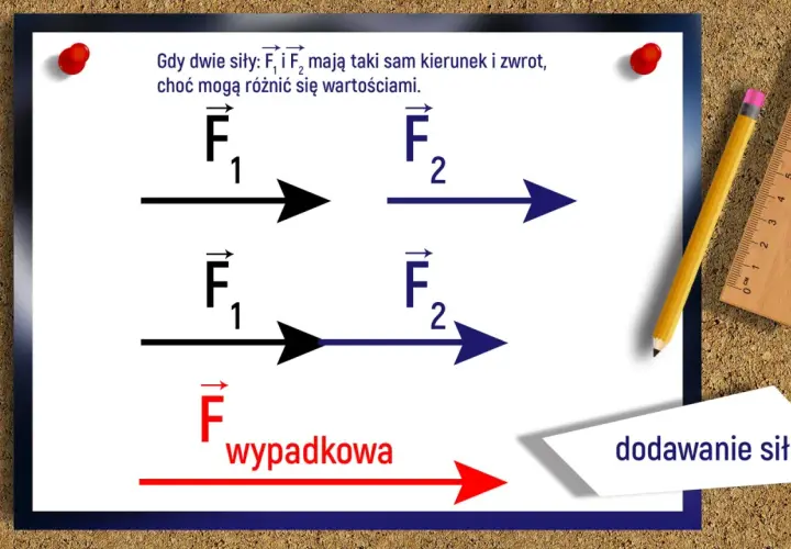 Ilustracja pokazuje dodawanie sił o tym samym kierunku. Siła wypadkowa jest sumą sił F₁ i F₂.