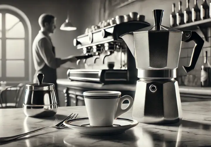 Kawiarka i filiżanka na blacie, barista w tle przygotowuje kawę. Idealne miejsce, by dowiedzieć się, jak się pije espresso.
