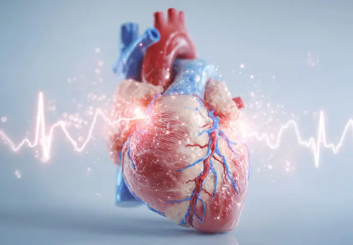 Anatomical heart with glowing ECG line. Czy migotanie przedsionków jest groźne? To pytanie zadaje sobie wiele osób.